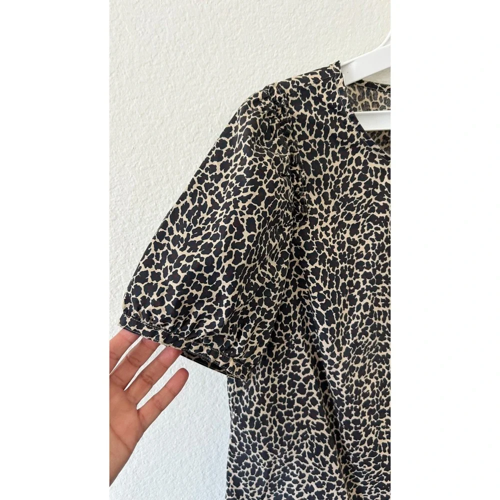 J.‎ Crew Preppy Leopard Print Cotton Puff Sleeve Ruffle Top Brown Tan Small